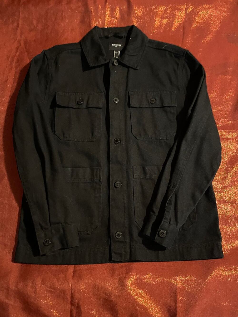Forever 21 Jacket Mens S Black Button Front Utility Workwear Pocket Coat Casual